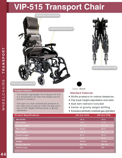 Karman VIP-515-TP Lightweight Tilt-in-Space Transport Wheelchair with Elevating Legrest