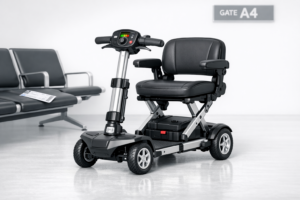 A traveler navigating an airport terminal with an airline-approved folding mobility scooter, 2026 travel guide.