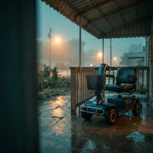 A mobility scooter parked in a damp environment with visible condensation, illustrating how humidity and moisture can harm electrical parts and battery performance.