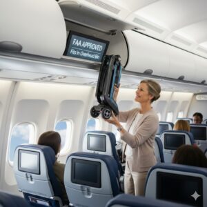 A smiling senior woman easily lifts a compact, foldable blue and black mobility scooter into an airplane overhead bin with the screen clearly displaying "FAA APPROVED Fits in Overhead Bin." Passengers are visible in the background, seated in modern airline seats. This image highlights the ease and convenience of airline-approved travel scooters.