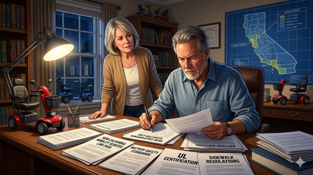 Bob intensely studying official documents regarding the 2026 California mobility scooter safety and battery laws, while Janice observes, referencing compliance and the Baja Raptor review.
