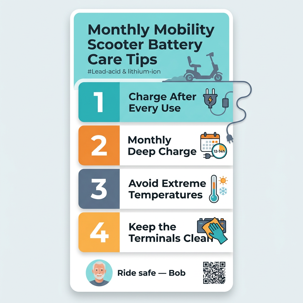 Infographic showing monthly mobility scooter battery care tips including charging after every use, monthly deep charging for 12–14 hours, avoiding extreme temperatures, and cleaning battery terminals, suitable for lead-acid and lithium-ion batteries. 
