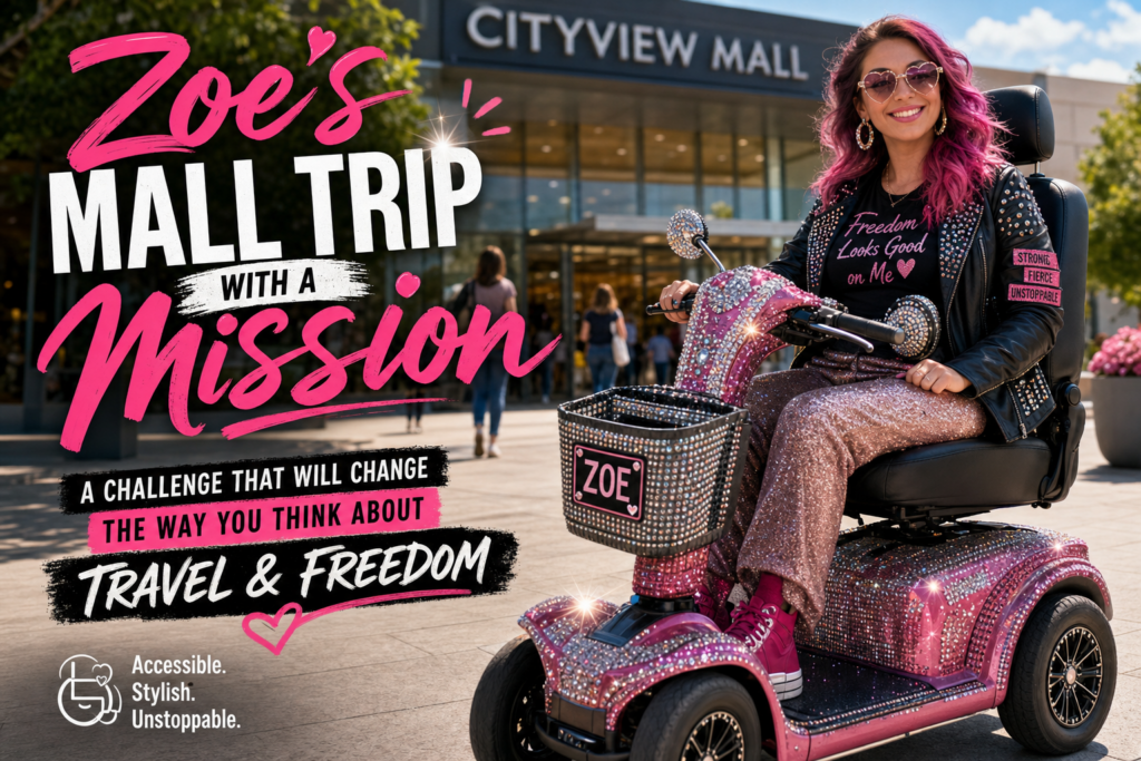 Zoe outside the mall in San Diego, on her blinged-up scooter