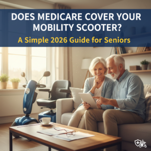 Senior couple researching Medicare coverage for a blue mobility scooter on a tablet in their living room.