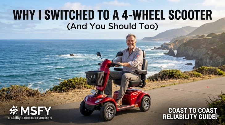Frank riding a red 4-wheel mobility scooter on a scenic Pacific Coast trail, highlighting stability and reliability for senior independence.