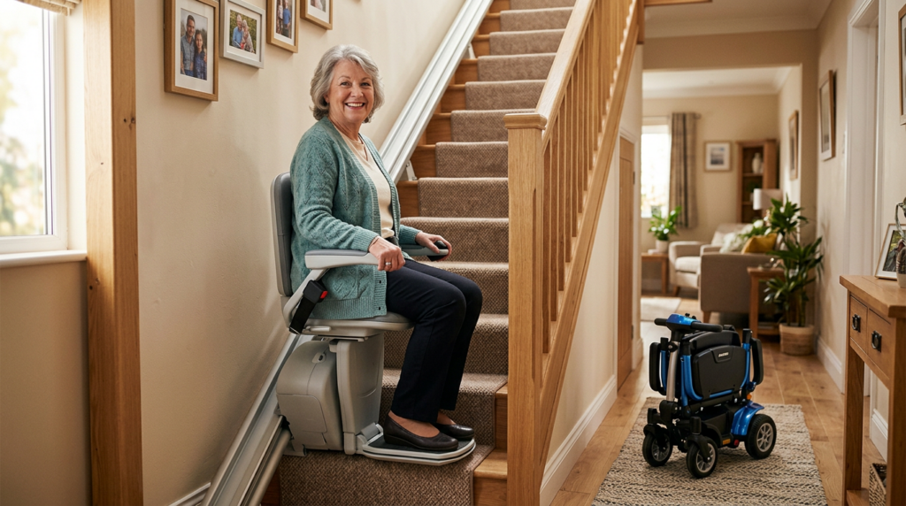 Smiling senior woman safely riding a stairlift indoors with a folded mobility scooter parked nearby