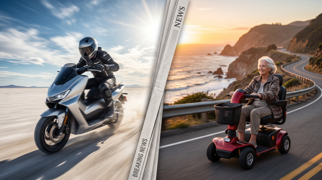 Split image contrasting a blurred high-speed e-scooter racing across a salt flat with a smiling senior woman riding a stable four-wheel mobility scooter along the Pacific Coast Highway at sunset
