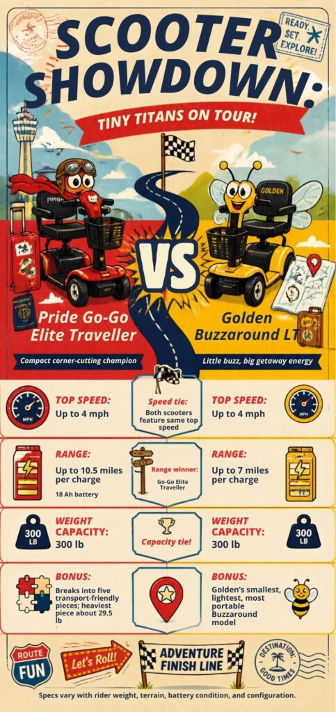 Side-by-side comparison infographic showing the Pride Go-Go Elite Traveller vs Golden Buzzaround LT mobility scooters.
